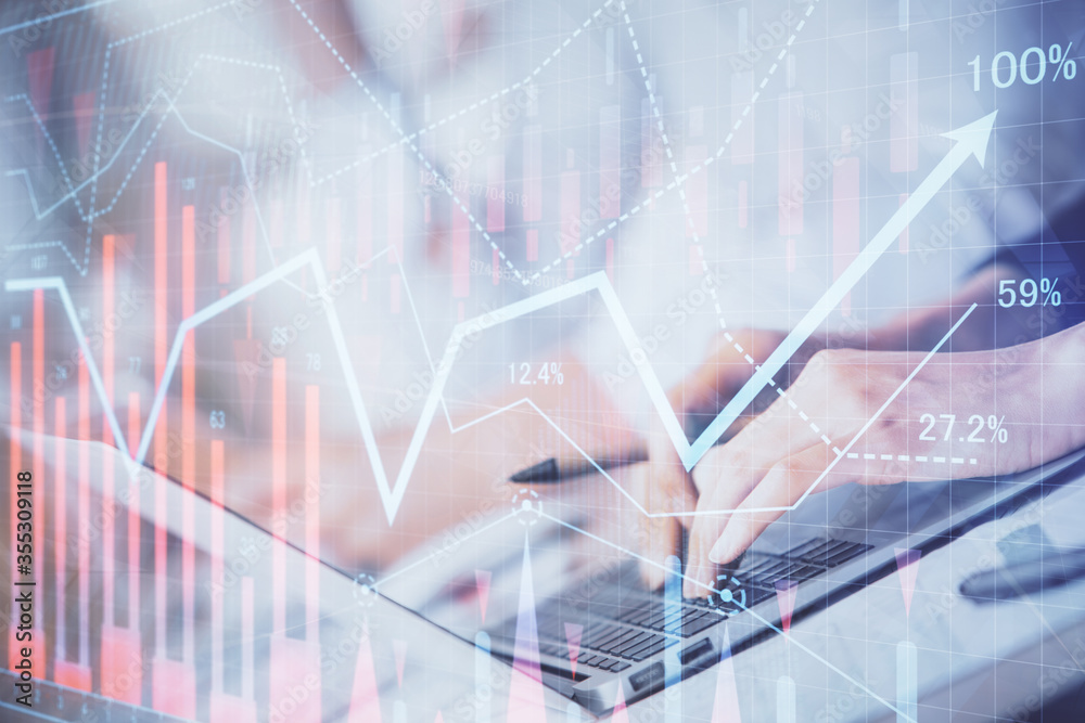 Double exposure of woman hands typing on computer and forex chart hologram drawing. Stock market invest concept. Double exposure of woman hands typing on computer and forex chart hologram drawing. Stock market invest concept.