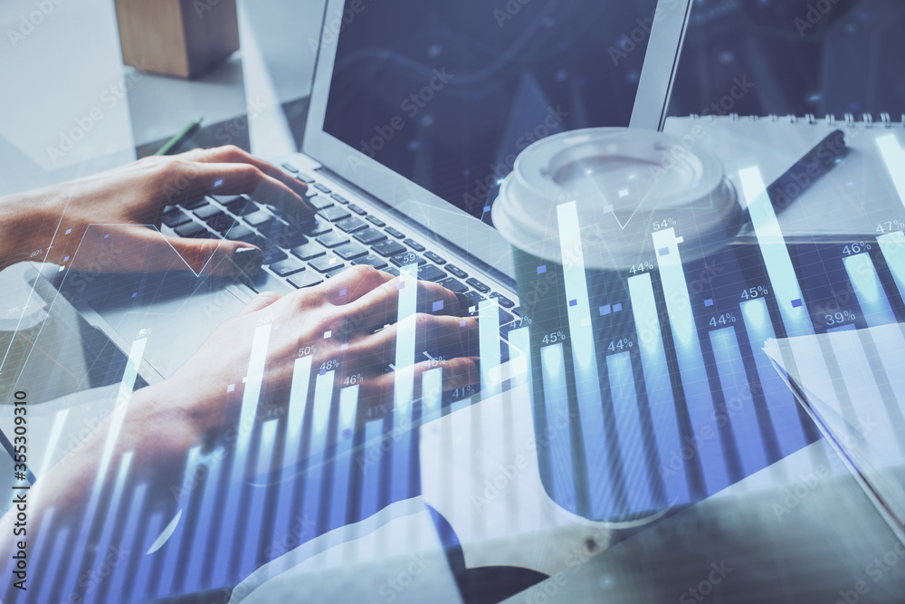 Double exposure of woman hands typing on computer and forex chart hologram drawing. Stock market invest concept. Double exposure of woman hands typing on computer and forex chart hologram drawing. Stock market invest concept.