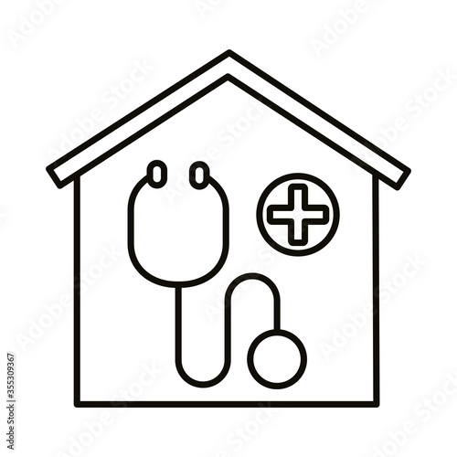 house with medical cross and stethoscope line style