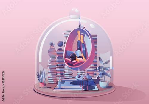 Young Woman Staying at home. relaxing and reading a book. Surrounded by books and plants. Miniature house. Stay home and stay safe with social distancing. Quarantine concept Vector Illustration