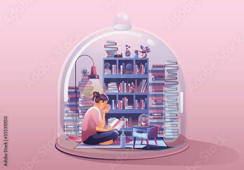Young Woman Staying at home. Working and reading a book. Surrounded by books and plants. Miniature house. Stay home and stay safe with social distancing. Quarantine concept Vector Illustration