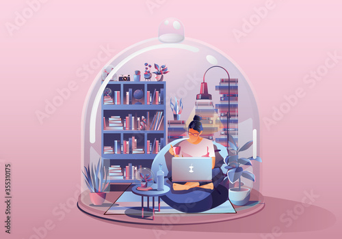 Young Woman Staying at home. Working and reading a book. Surrounded by books and plants. Miniature house. Stay home and stay safe with social distancing. Quarantine concept Vector Illustration