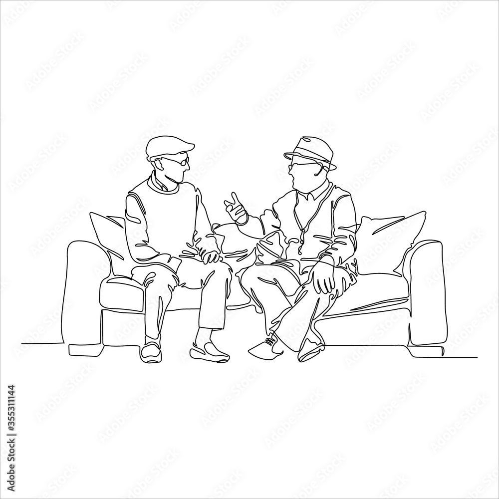 Minimer Ung dame licens Continuous line drawing of two old friends sit on the couch and talk. The  seniors are