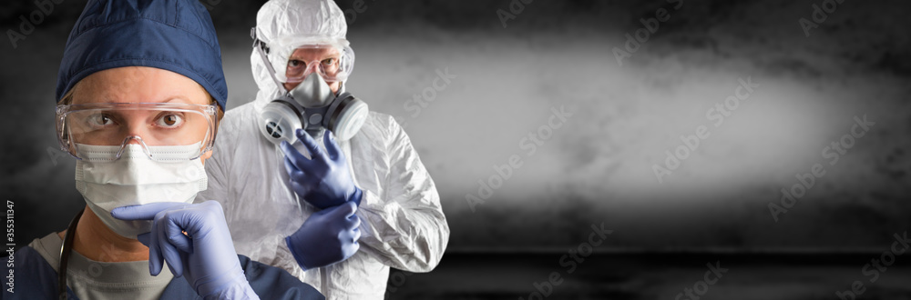 Banner of Doctors or Nurses In Medical Face Mask and Protective Gear Banner of Doctors or Nurses In Medical Face Mask and Protective Gear