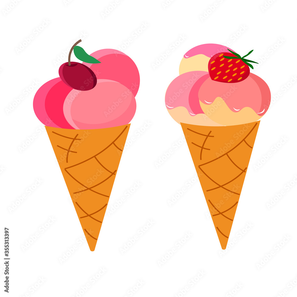 Set with strawberry and cherry ice cream.Vector illustration on a white background. Summer drawing in flat style.