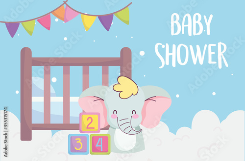 baby shower, cute elephant crib blocks clouds decoration, announce newborn welcome card
