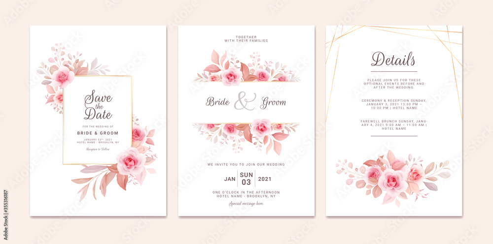 Wedding invitation template set with romantic floral frame and gold line. Roses and sakura flowers composition vector for save the date, greeting, thank you, rsvp card vector