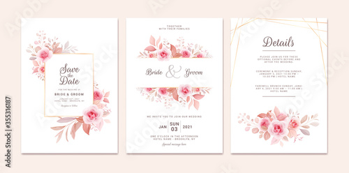 Wedding invitation template set with romantic floral frame and gold line. Roses and sakura flowers composition vector for save the date, greeting, thank you, rsvp card vector