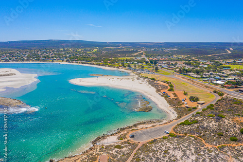 Aerial view of confluence of Murchison river with Indian ocean at Kalbarri, Australia photo