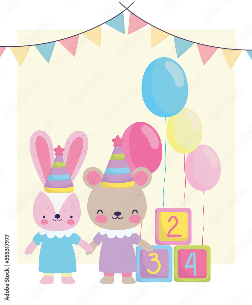 baby shower, cute bunny bear balloons and cubes toy, announce newborn welcome card