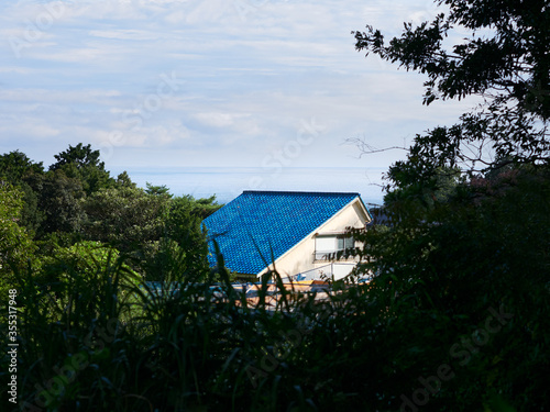 House with blue roof tiles in the forest against sea horizon and overcast sky.