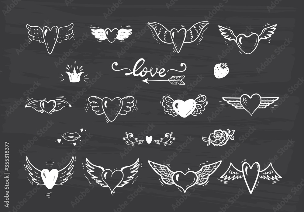 Love Vector Set. Beautiful Doodle Heart tattoo. Hearts with Wings for  Valentines Day or Wedding greeting cards. Chalk Board background. Hand  drawn illustration Stock Vector | Adobe Stock