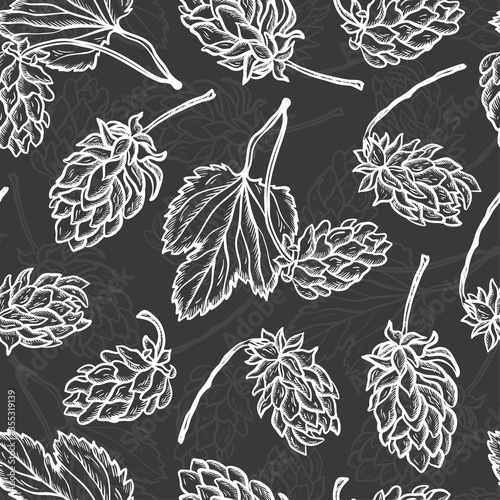 Beer Hops Vector Seamless Pattern. Common Hop or Humulus Lupulus Cones. Vector Floral Background
