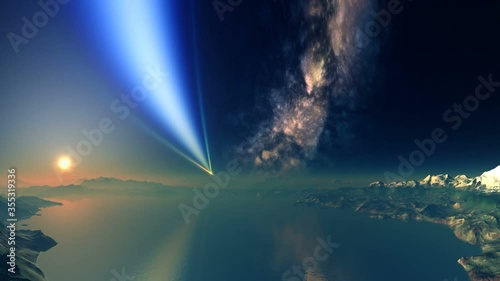 Mysterious Rays on an Alien Planet. Above the foggy horizon a mysterious object emits bright rays. A huge nebula in the sky. The orange sun sets quickly. Mountains and lakes are covered with dense fog