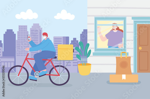 online delivery service, man with mask and smartphone in bike giving order at customer in home, coronavirus covid 19