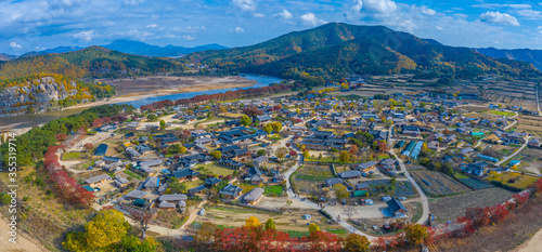 Aerial view of Hahoe Folk Village in Republic of Korea photo