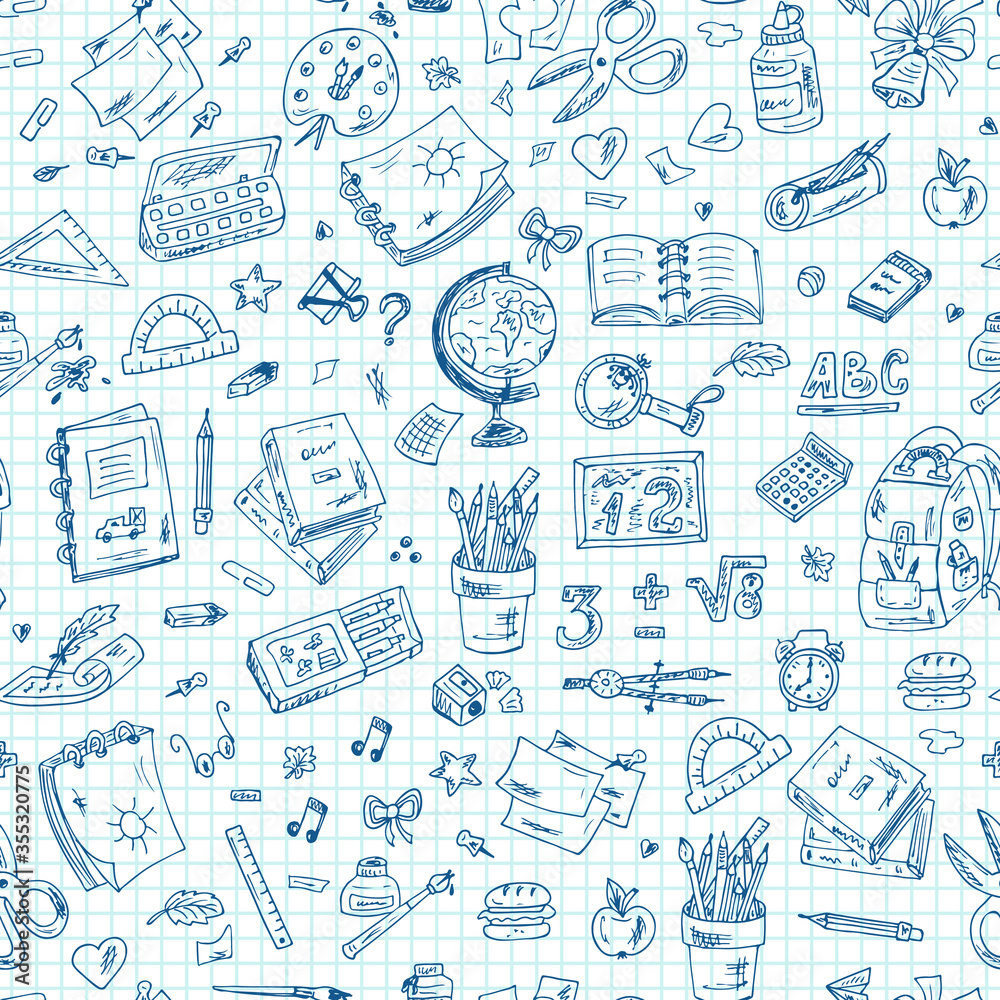 Back to school. Seamless pattern of school supplies. Hand Drawn Doodles illustration
