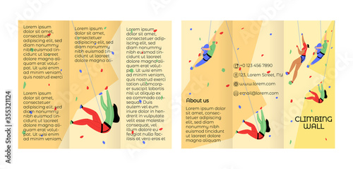 Vector flat layout, template of brochure, folded in three, on both sides. Men and women rock climbers are depicted in climbing wall. Concept healthy lifestyle, sports, active recreation, strength.