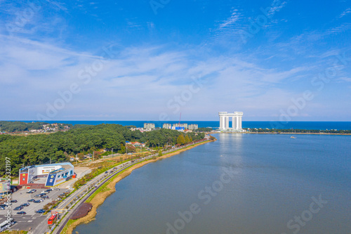 Aerial view of Gyeongpo lake in Gangneung, Republic of Korea photo