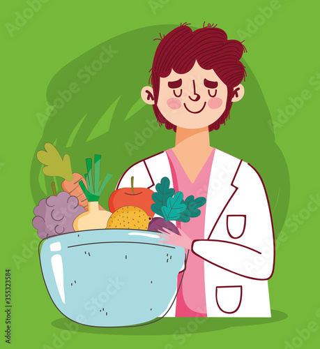 dietitian doctor with dish bowl with fruits and vegetables, fresh market organic healthy food