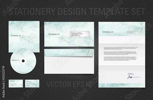 Vector corporate identity template set with light blue low poly geometric background