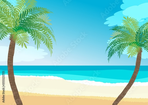 南国の浜辺、ヤシと海のイラスト