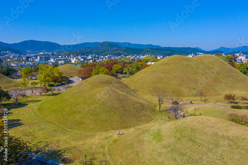 Aerial view of Tumuli park containing several royal tombs in Gyeongju, Republic of Korea photo