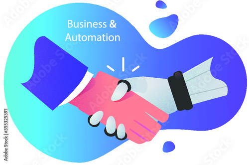 Handshake of a man's hand in a jacket and the hands of a robot. Flat illustration of Business cooperation and robotic process automation