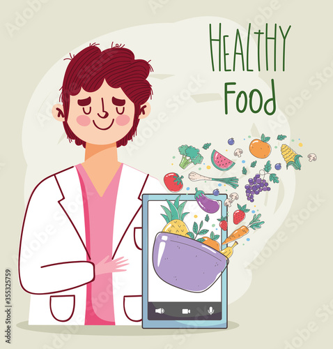 dietitian doctor fresh market smartphone offering vegetables and fruits, organic healthy food