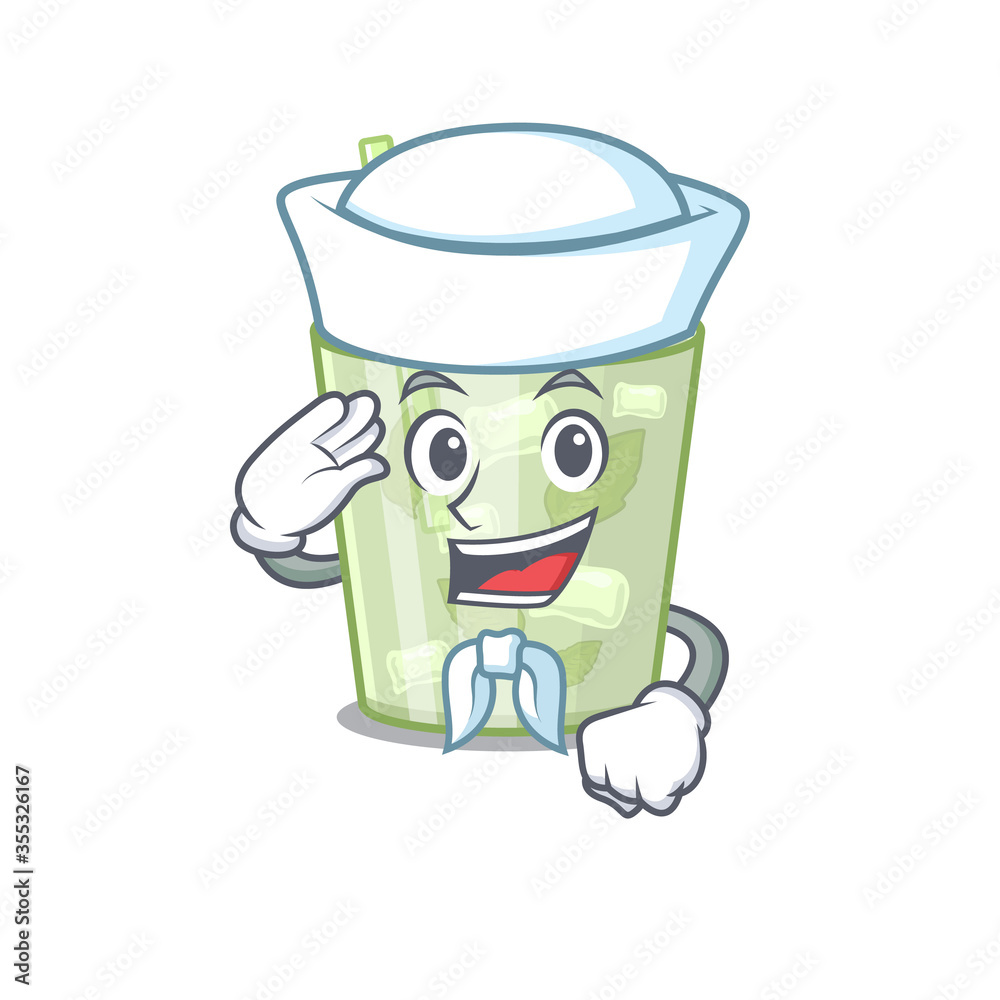 Smiley sailor cartoon character of mojito lemon cocktail wearing white hat and tie