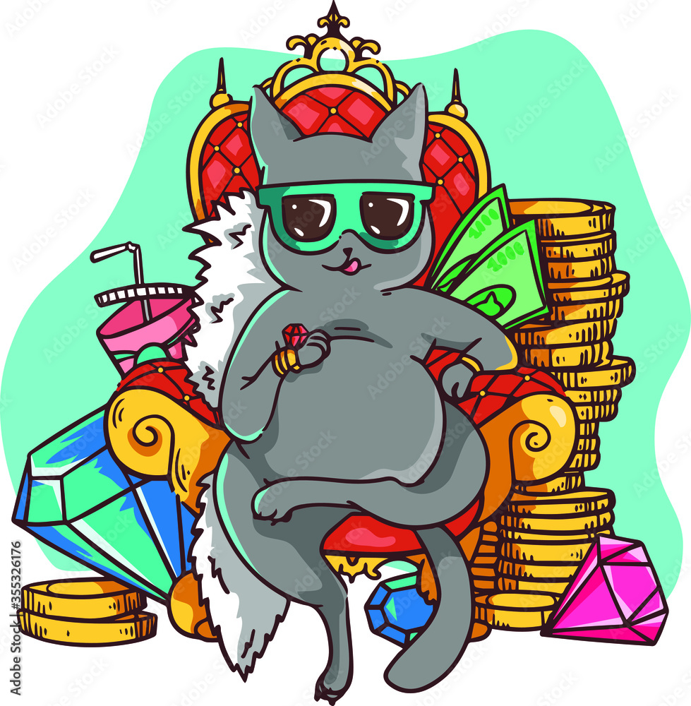 Rich cat in sunglasses sits on a throne of red velvet surrounded by gold coins, multicolored gems and bills. Millionaire cat is a symbol of wealth, success of the abundant life Rich cat in sunglasses sits on a throne of red velvet surrounded by gold coins, multicolored gems and bills. Millionaire cat is a symbol of wealth, success of the abundant life