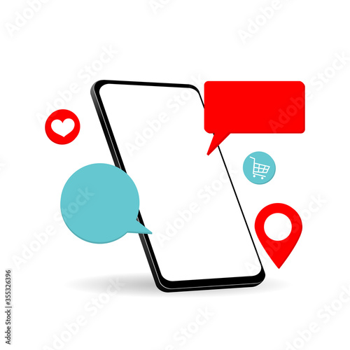 Phone mock-up with blank screen. decorated with speech bubble, cart, heart icon. Design isometric isolated on white background. Space empty for your message. Vector illustration.