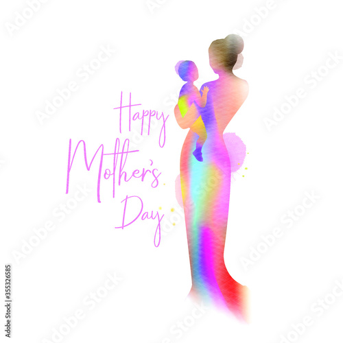 Happy mother's day. Happy mom with her child silhouette plus abstract watercolor painted. Double exposure illustration. Vector illustration.