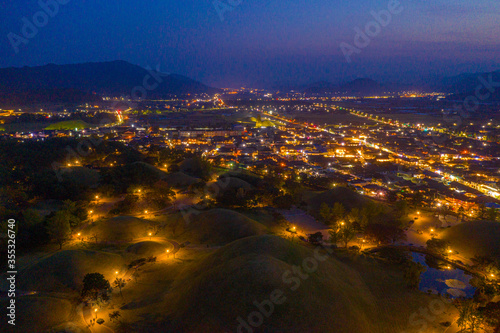 Sunset aerial view of Tumuli park containing several royal tombs in Gyeongju, Republic of Korea photo