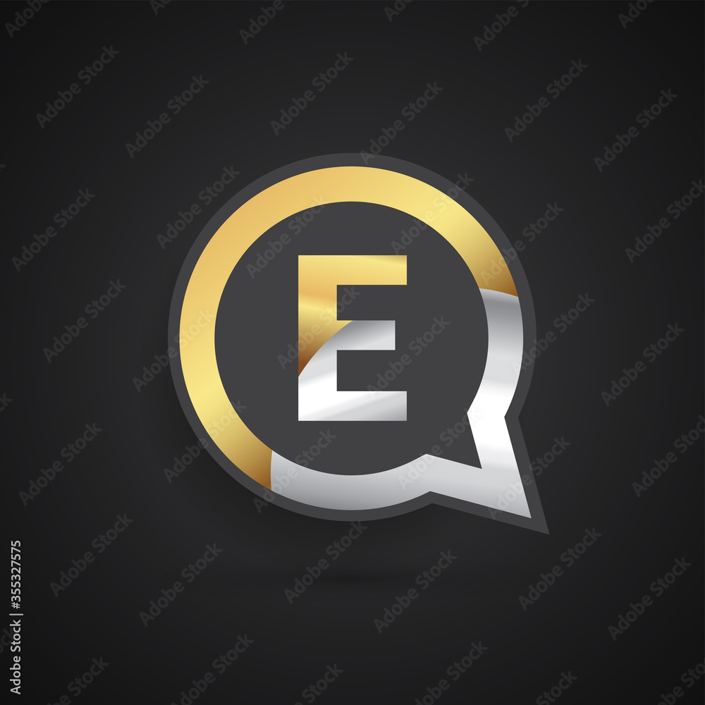 Obraz premium logo E letter, golden color on circle chat icon. Vector design for your logo application for company identity.