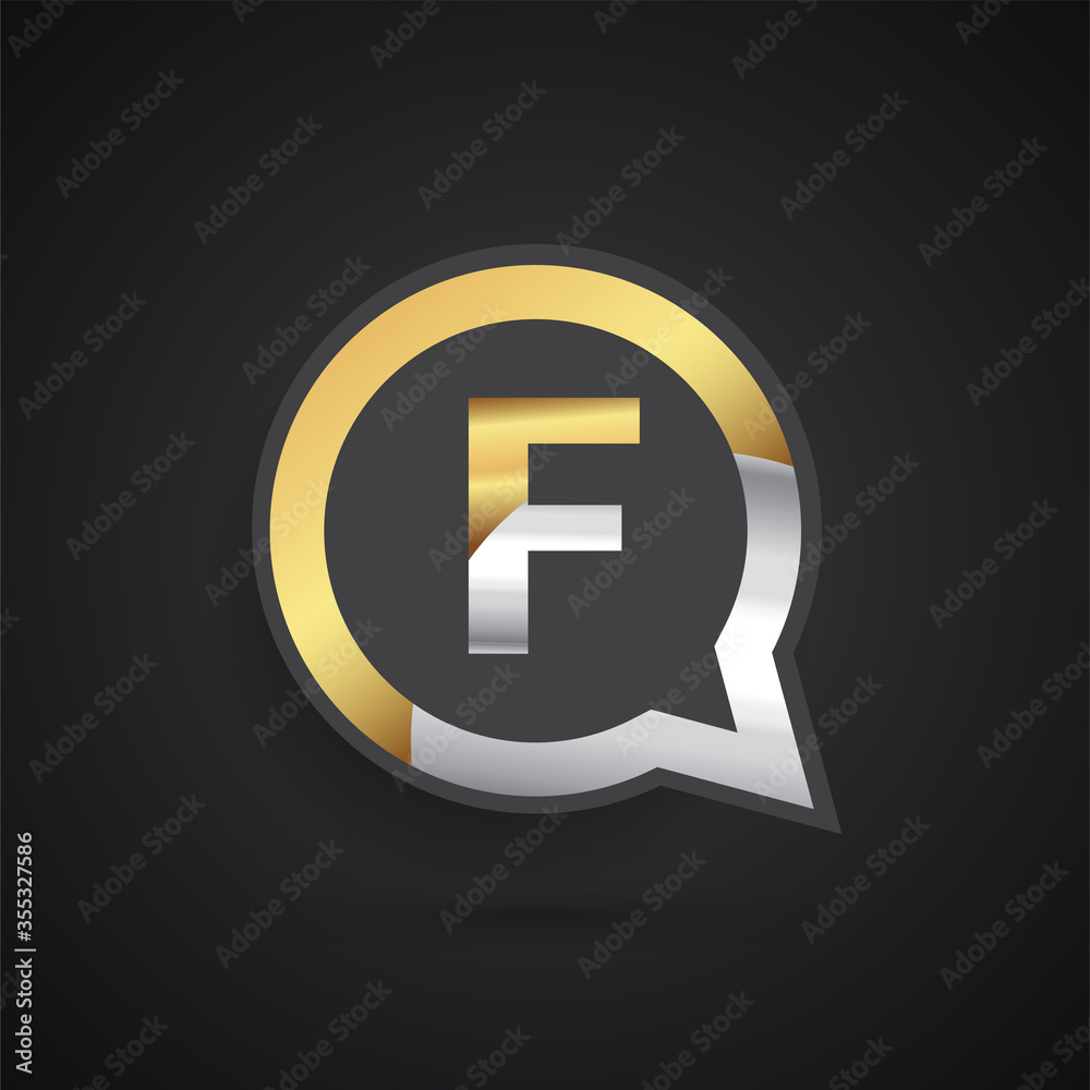 logo F letter, golden color on circle chat icon. Vector design for your logo application for company identity.