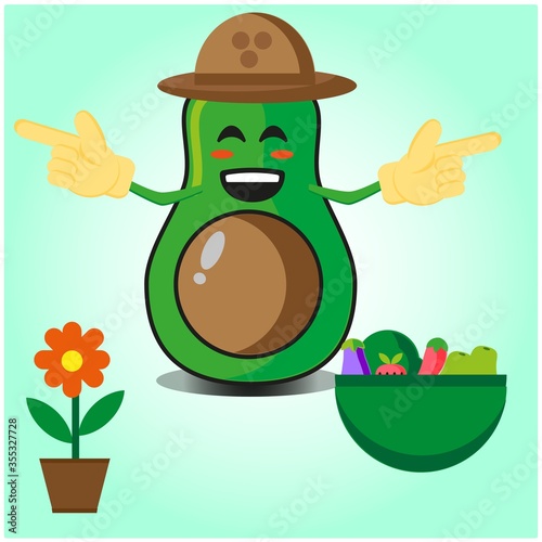 Cute half avocado farmer cartoon character with hat and hands pointing design