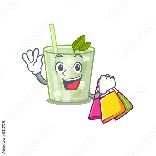 wealthy mojito lemon cocktail cartoon character with shopping bags