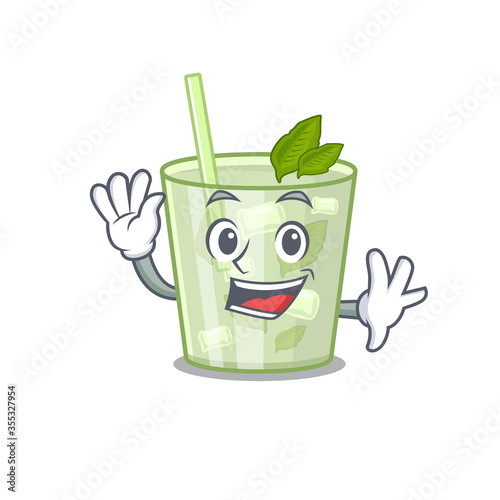 A charming mojito lemon cocktail mascot design style smiling and waving hand