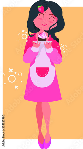 Baker girl shows sweet dessert cupcake with cream. Girl in an apron with a pocket, with a saucer in hand, on it cake with white cream and flower decorations. Flat vector illustration pastry shop