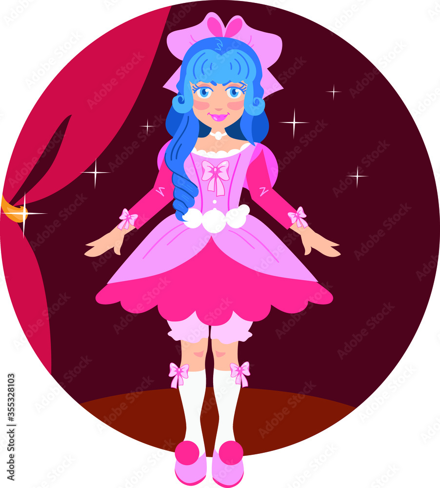 Russian fairy tale Golden key, Buratino. Cute doll puppet girl with blue hair in a pink dress