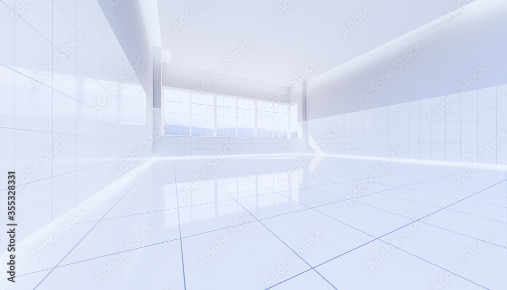 Obraz premium 3d rendering of empty toilet room and white tile floor.