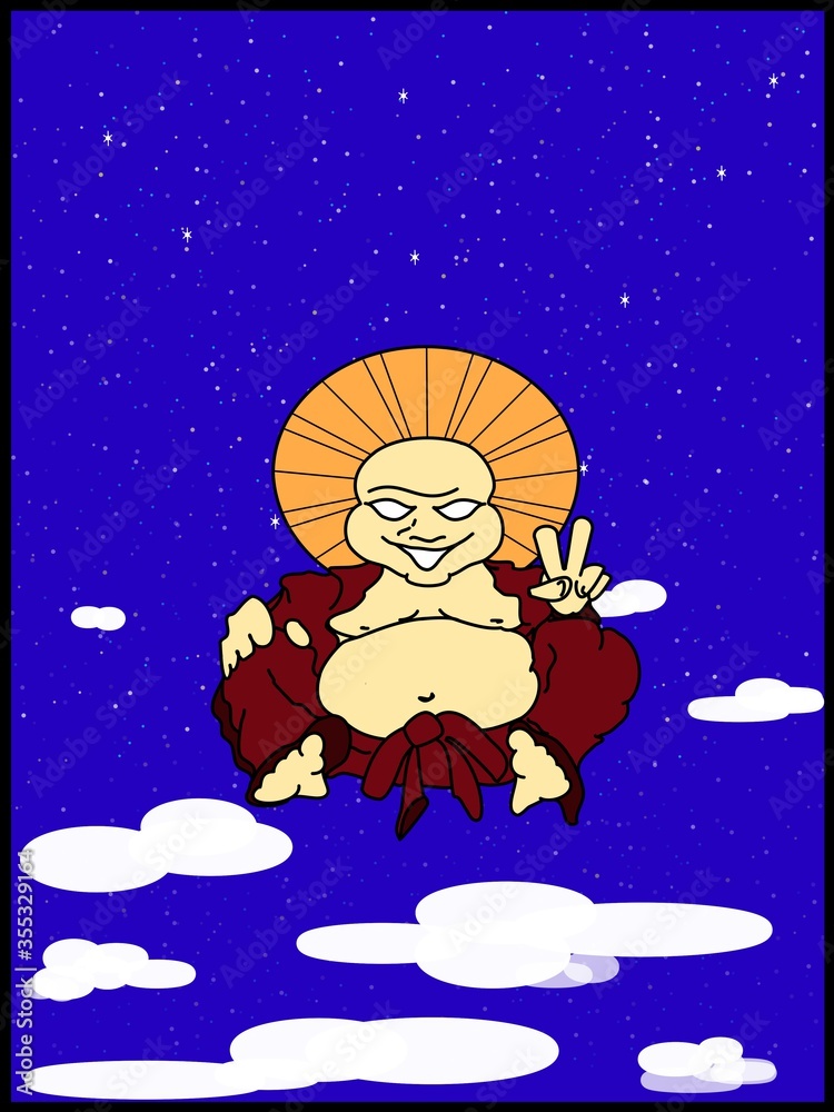 Smiling buddha character with clouds and stars poster Smiling buddha character with clouds and stars poster