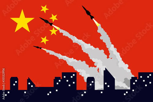 illustration of firing missiles on China flag background. India China crisis. missile China image. India versus China. Good for template background, banner, poster, etc. Flat design. vector EPS10.
