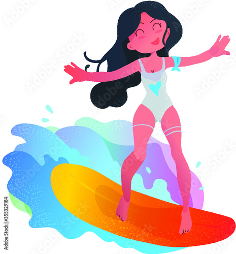 Cute brunette girl in a bathing suit riding an orange surfboard over the waves of the sea. vector illustration of a surfing girl in summer