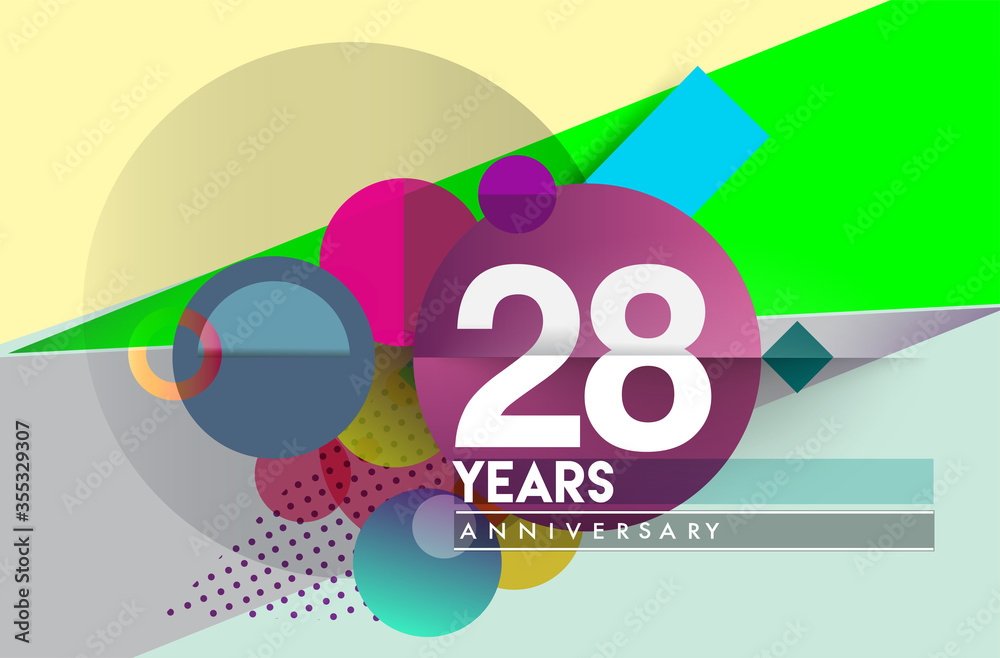Fototapeta premium 28th years anniversary logo, vector design birthday celebration with colorful geometric background and circles shape.