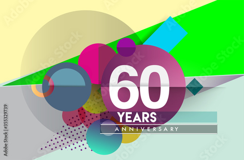 60th years anniversary logo, vector design birthday celebration with colorful geometric background and circles shape.
