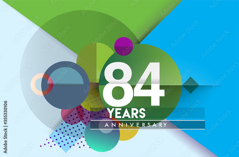 84th years anniversary logo, vector design birthday celebration with colorful geometric background and circles shape. 84th years anniversary logo, vector design birthday celebration with colorful geometric background and circles shape.