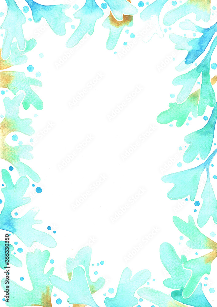 Abstract seaweed watercolor frame illustration background for decoration on summer seasonal, marine life and natural theme cancept.
