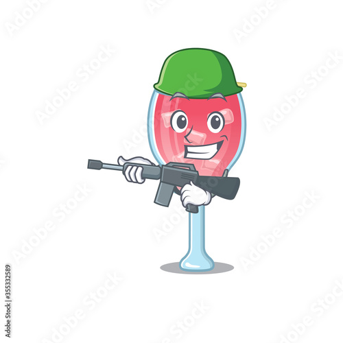 A cartoon picture of Army cosmopolitan cocktail holding machine gun
